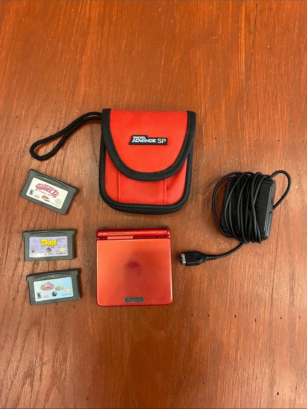 Vintage Nintendo Red Game Boy Advance SP with Charger, Case & 3 Games